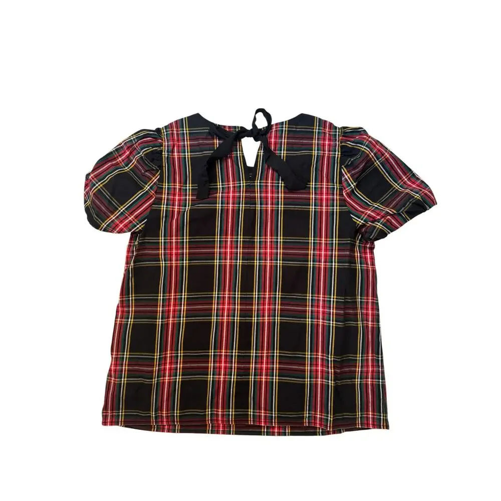 J.CREW Tartan Plaid Poplin Puff Sleeve Top Size Medium Red Black Green Yellow